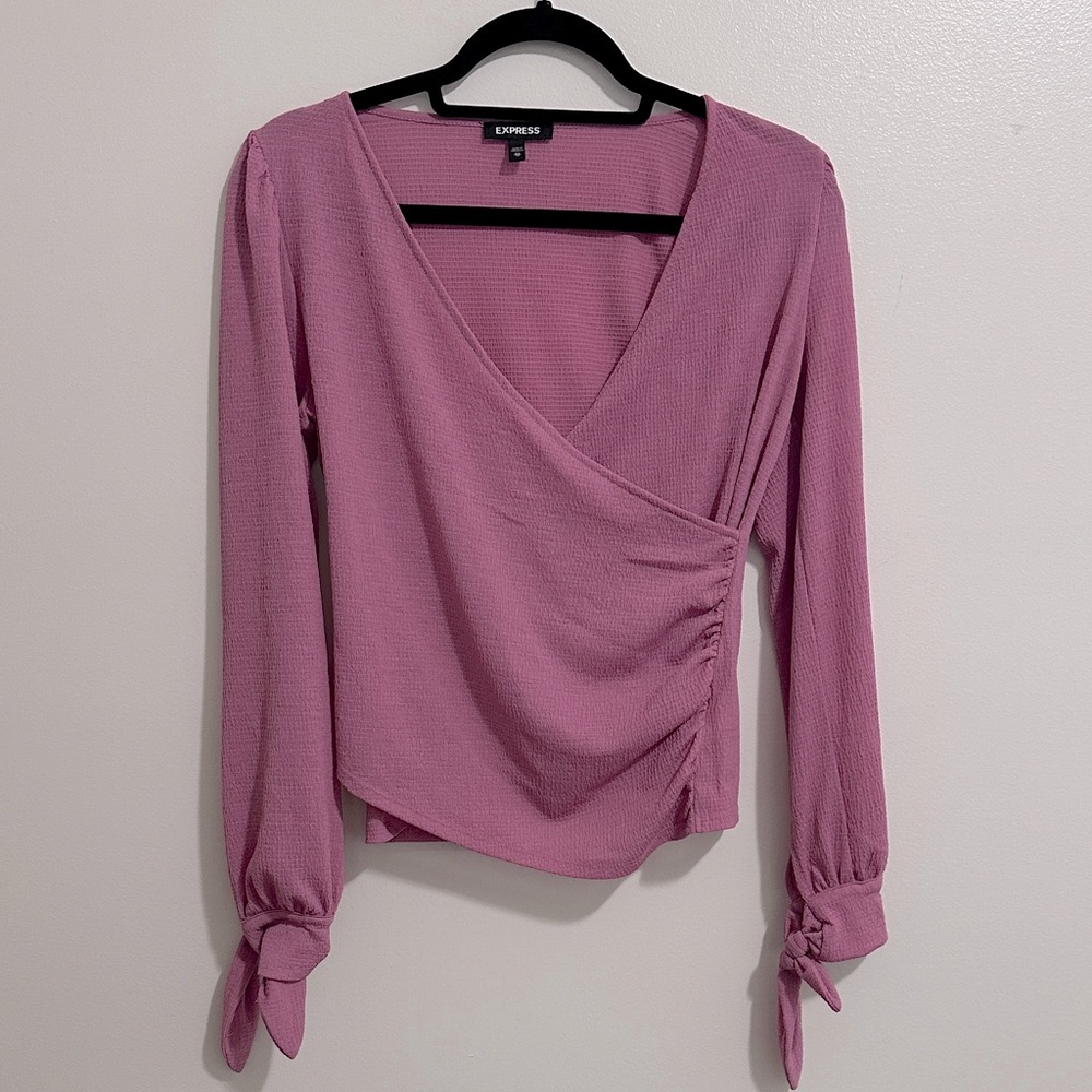 Express Pink-Purple V-Neck Faux Wrap Long Puff Sleeve Blouse Top Womens Small - Picture 1 of 4